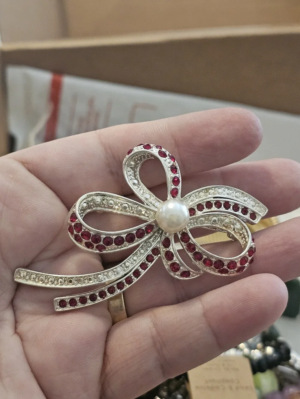 Ruby Red And Clear Crystals Bow Pin/Brooch